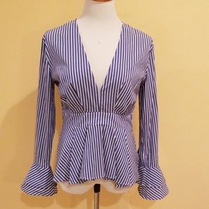 Windsor Deep V- Neck Peplum Bell Sleeve Blouse L